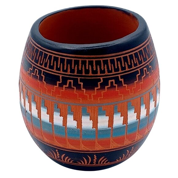Handmade Navajo Handpainted & Etched Pottery Vase Or Candle Holder Signed E.B. W - Picture 4 of 8